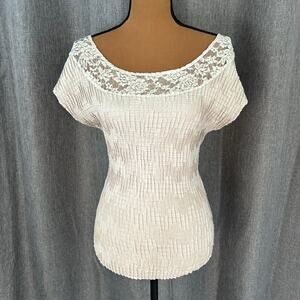 Cream Lace Smocked Peasant Top Short Sleeve Medium